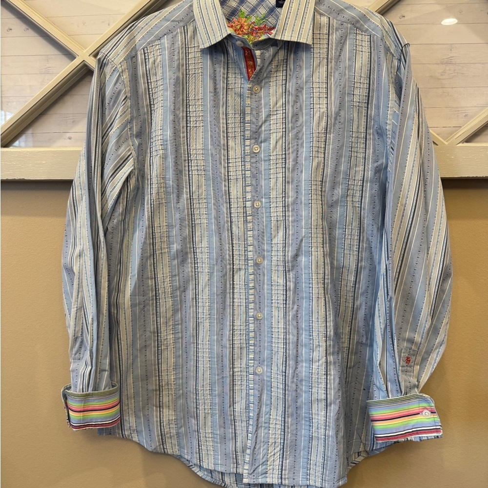 Robert Graham Shirt Mens Large Button Up Blue‎ Stripe Flip Cuff Colorful